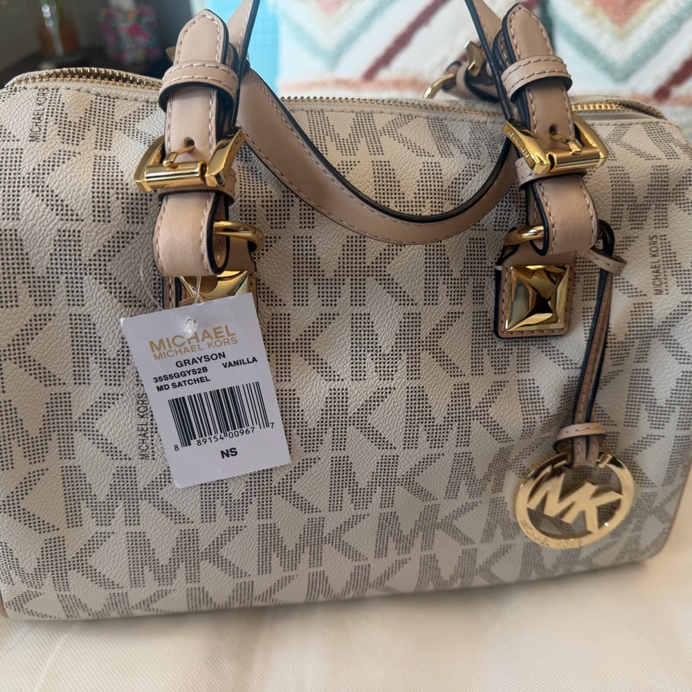 Michael Kors Vanilla Logo Satchel with Gold Hardware